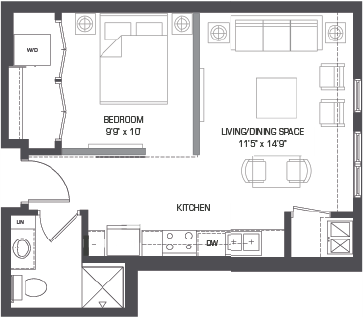 Floor plan for 1 bed, 1 bath, 524 sqft